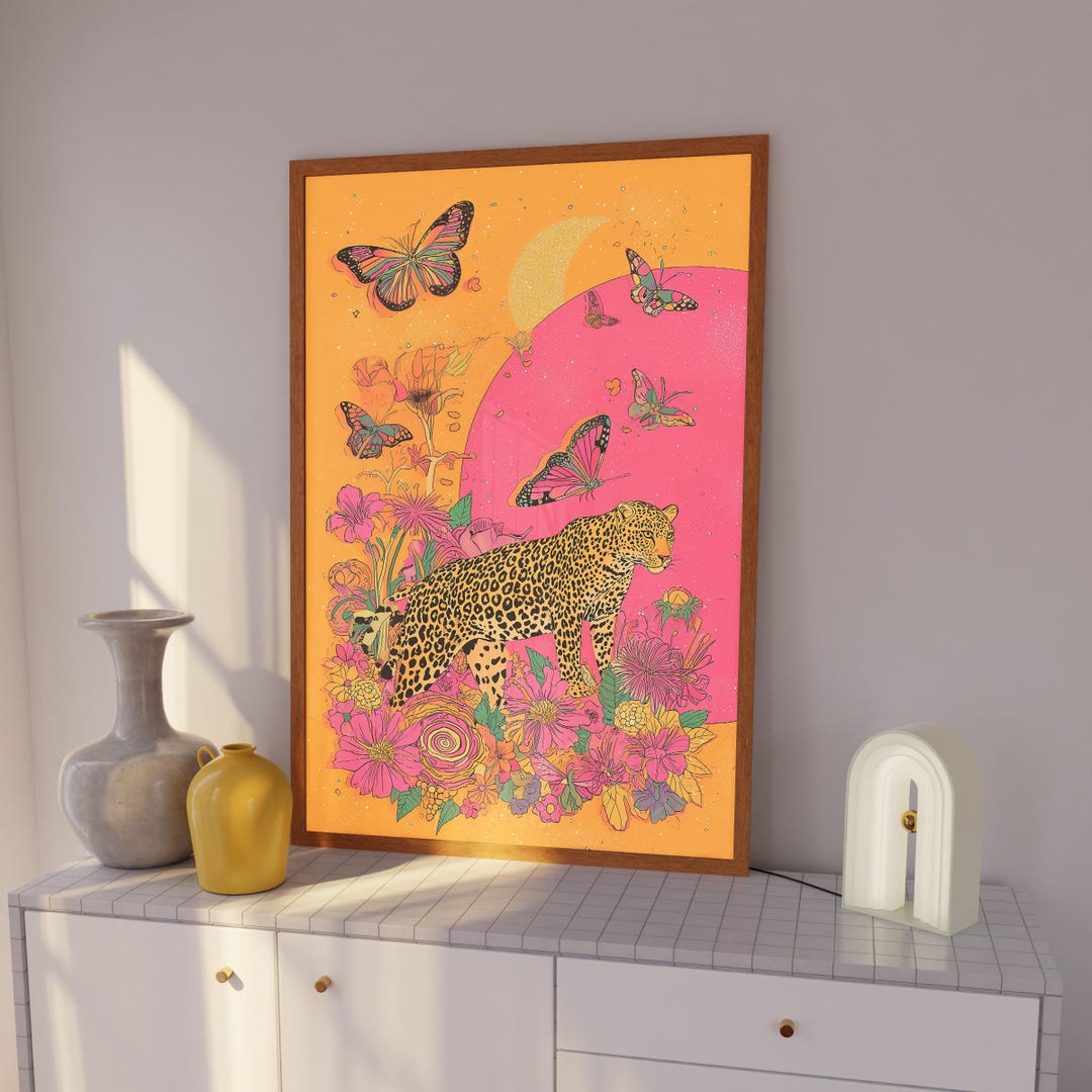 Leopard and Butterfly Art Print: Dreamy Dopamine Decor With Pink and ...