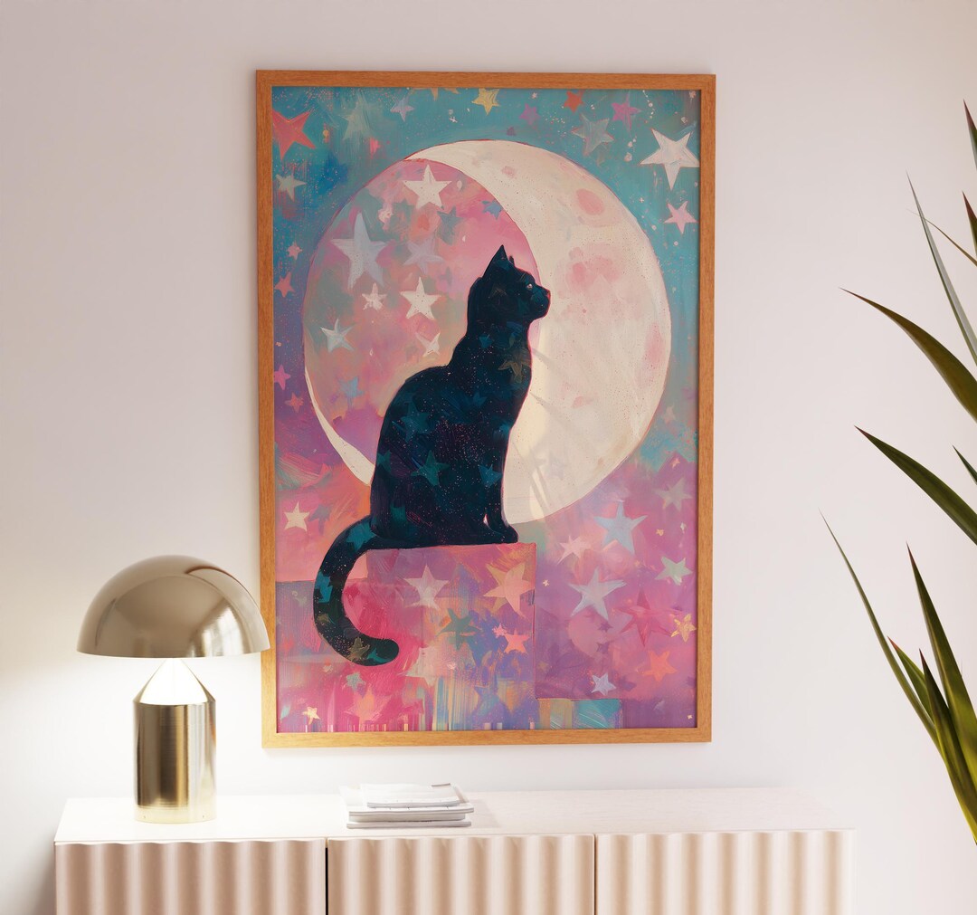 Black Cat Moon Wall Art Print, Celestial Starry Night Poster ...