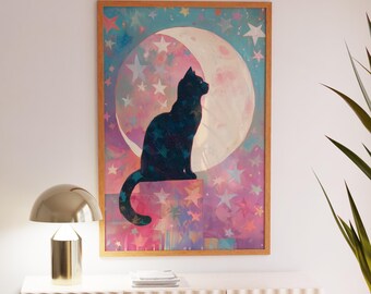 Black Cat Moon Print: Celestial Starry Night Wall Art