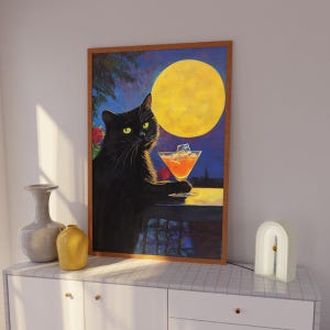 Póster de gato negro, arte mural maximalista, póster de cóctel caprichoso, decoración original para el hogar, póster estético de gato, idea de regalo para amantes de los gatos.