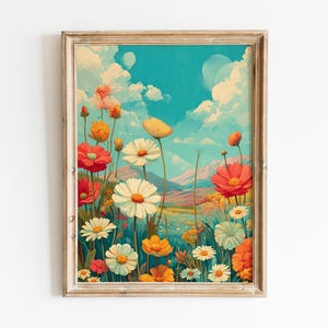 Spring Wildflower Mountain Landscape Art Painting, Colorful Cute Floral Landscape Printable Art Print, Spring Flowers Digital Download Art