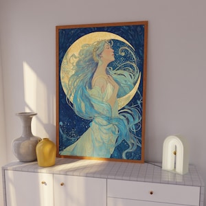 Art Nouveau Moon Goddess Art, Mystical Celestial Decor, Lunar Women Art Spiritual Decor, Divine Feminine Art Prints, Occult Aesthetic