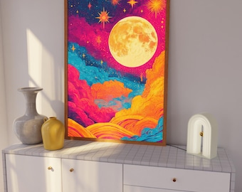 Colorful Moon and Stars Art Print: Dreamy Celestial Wall Decor