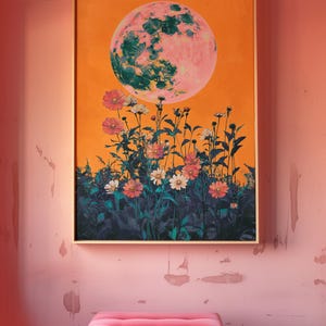 May include: A framed print of a pink and green moon with a field of flowers in the foreground. The background is a bright orange color.