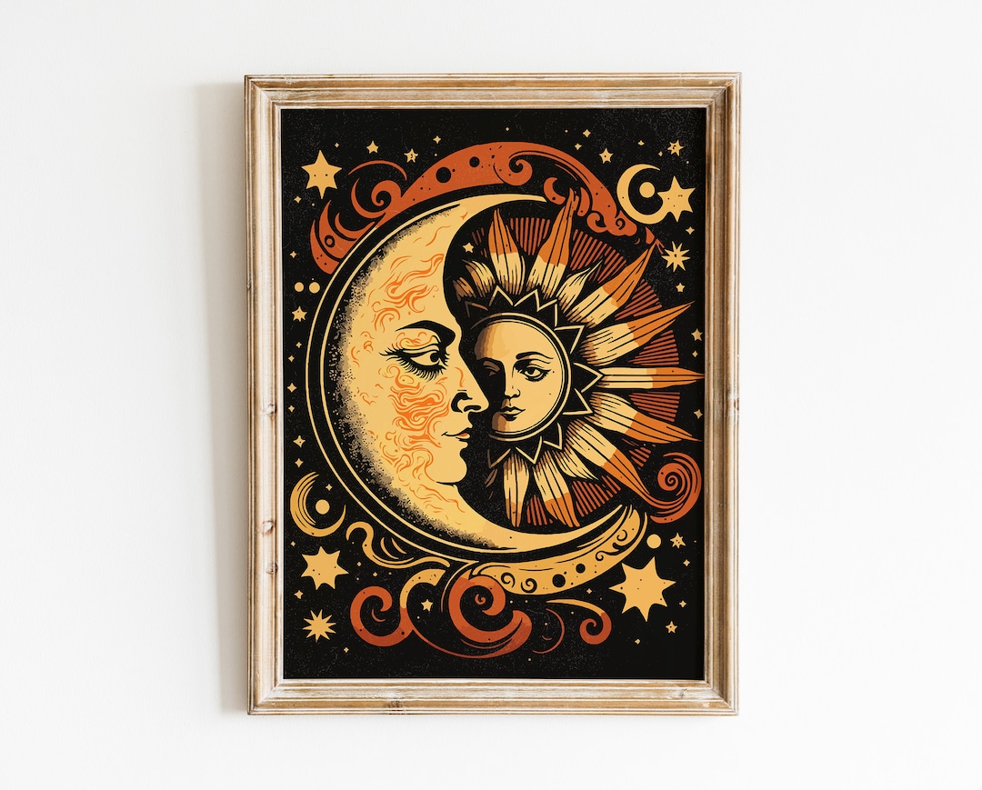 Sun and Moon Decor, Retro Wall Art, 70s Wall Art, Vintage Poster