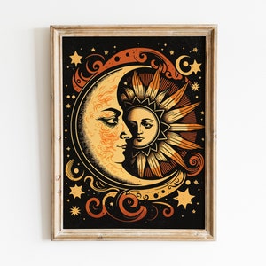Sun and Moon Retro Art Print: 70s Celestial Decor