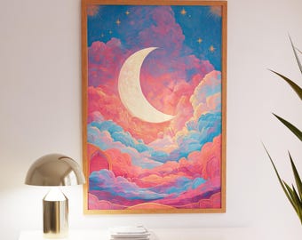 Lámina artística de luna creciente: nubes rosas y azules, decoración celestial bohemia
