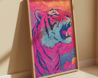 Kunstprint brullende tijger: decor psychedelisch dopamine