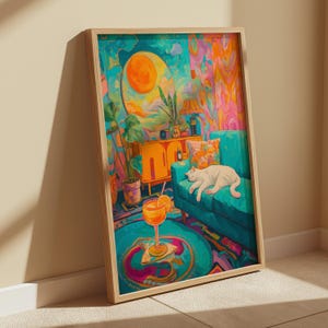 Decoración psicodélica colorida de los años 70, lámina de gato retro, póster moderno para sala de estar, arte mural moderno de mediados de siglo, póster de los años 70