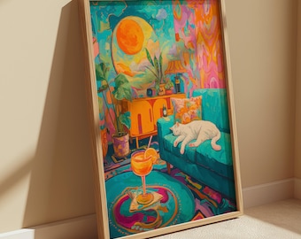 Impresión de gato retro: arte mural psicodélico de mediados de siglo de los años 70