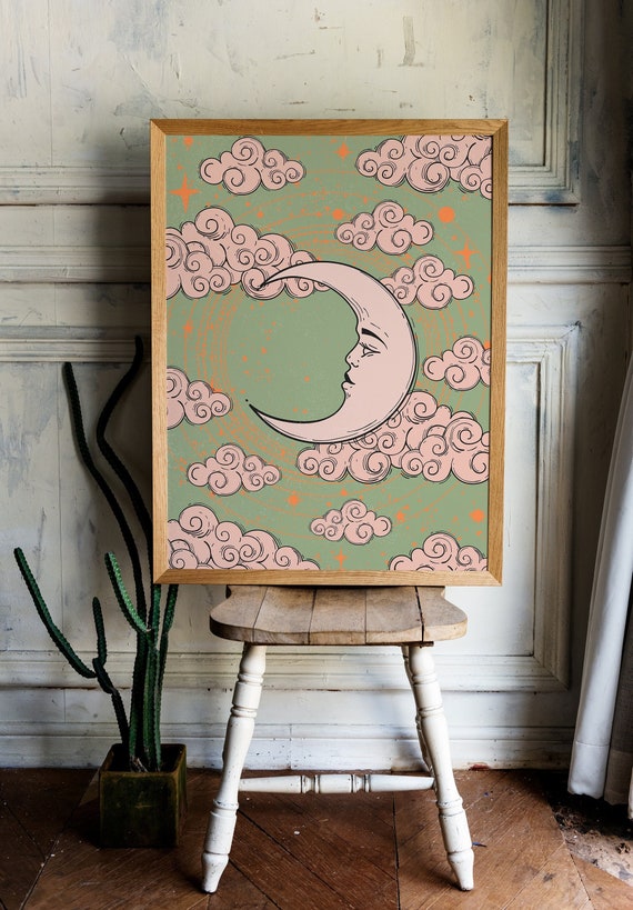 Celestial Moon Art Print: Vintage 70s Decor, Witchy Poster, Green