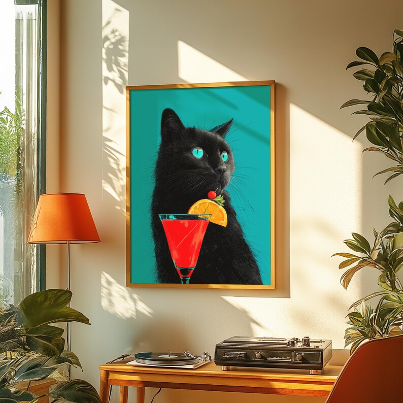 Whimsical Black Cat Cocktail Art Print: Quirky Home Decor - Etsy