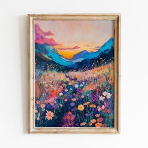 Colorful Wildflower Mountain Landscape Printable Wall Art, Vibrant Sunset Meadow Painting, Floral Nature Summer Flowers Instant Download Art