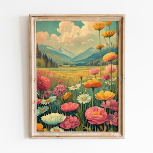 Mountain Wildflower Field Printable Wall Art, Colorful Floral Landscape Digital Download, Nature Meadow Art Print for Boho Home Decor