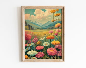 Mountain Wildflower Field Art Print: Colorful Floral Landscape (Digital Download)