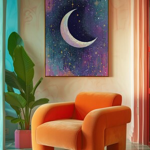 May include: A bright orange velvet armchair sits in a room with teal and pink tiled floors. A framed painting of a crescent moon and stars hangs on the wall behind the chair.
