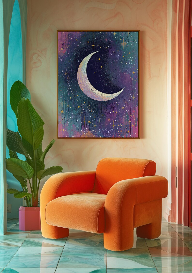 May include: A bright orange velvet armchair sits in a room with teal and pink tiled floors. A framed painting of a crescent moon and stars hangs on the wall behind the chair.