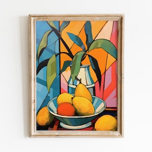 Impresión de naturaleza muerta de frutas coloridas / Impresión artística de pintura de mango / Pintura de naturaleza muerta de cocina vintage / Póster retro de los años 70 moderno de mediados de siglo