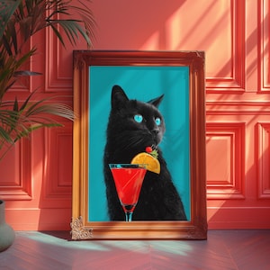 Arte mural maximalista de gato negro, póster de cóctel caprichoso, decoración original para el hogar, estampado divertido de gato, idea de regalo encantadora para amantes de los gatos.
