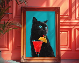 気まぐれな黒猫のカクテルアートプリント：風変わりなホームデコレーション