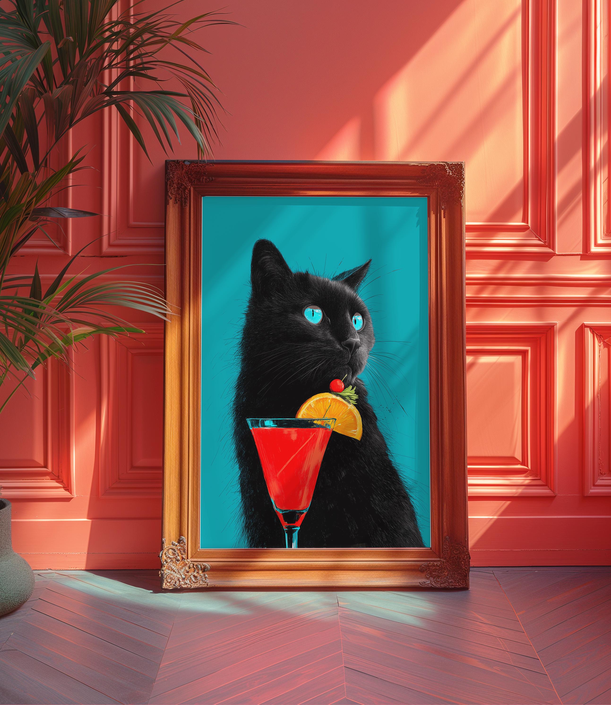 Whimsical Black Cat Cocktail Art Print: Quirky Home Decor - Etsy
