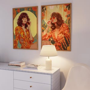 70s Aesthetic Poster Set of 2, Retro Floral Woman Wall Art, Vintage 70s Print Set, Teen Girl Room Decor, Funky 1970s Art Poster Gift For Her
