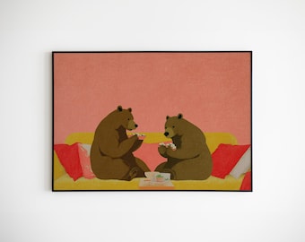 Bears Eating Sushi Wall Art, Whimsical Retro Folk Illustration, Pastel Quirky Animal Poster Print