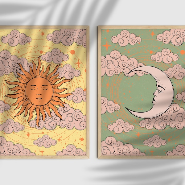 Vintage Set Poster, 70s Set of 2 Prints, Sun And Moon 70s Decor, Retro 70s Home Decor, Witchy Home Decor, 70s Wall Art Set Two, Moon Goddess