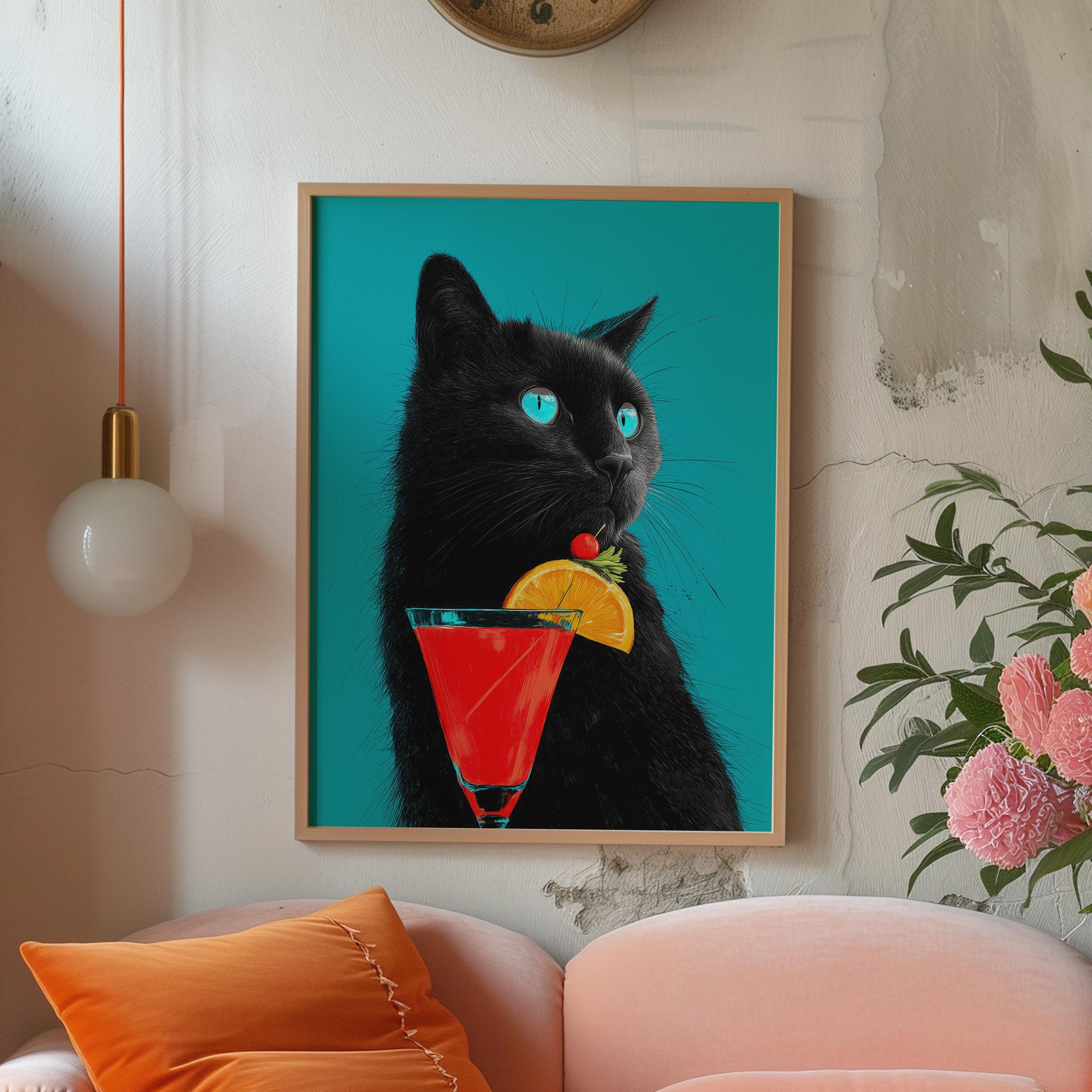 Whimsical Black Cat Cocktail Art Print: Quirky Home Decor - Etsy