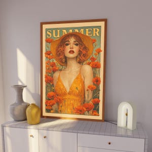 Póster retro de chica de verano, arte mural vintage de flores silvestres, decoración femenina y atrevida de los años 70, arte mural retro de los años 70, póster floral vintage