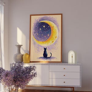 Schwarze Katze und goldener Mond Wandbild, Nachthimmel Druck, himmlische Katze Maximalist Dekor, Fantasy Katze Poster, Geschenk für Katzenliebhaber