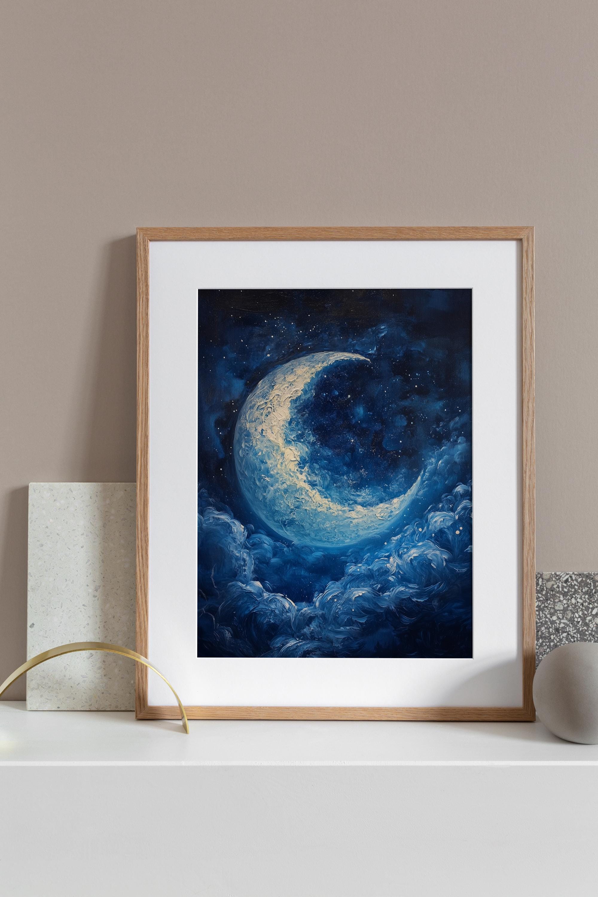 Celestial Moon Poster: Starry Night Sky Vintage Art (digital