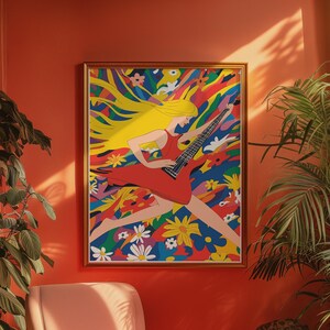 Hippie Guitar Art Poster, 1960s Aesthetic, Flower Power Decor, Retro 60s 70s Style Painting Nostalgia, Groovy Peace Wall Art, Colorful Print