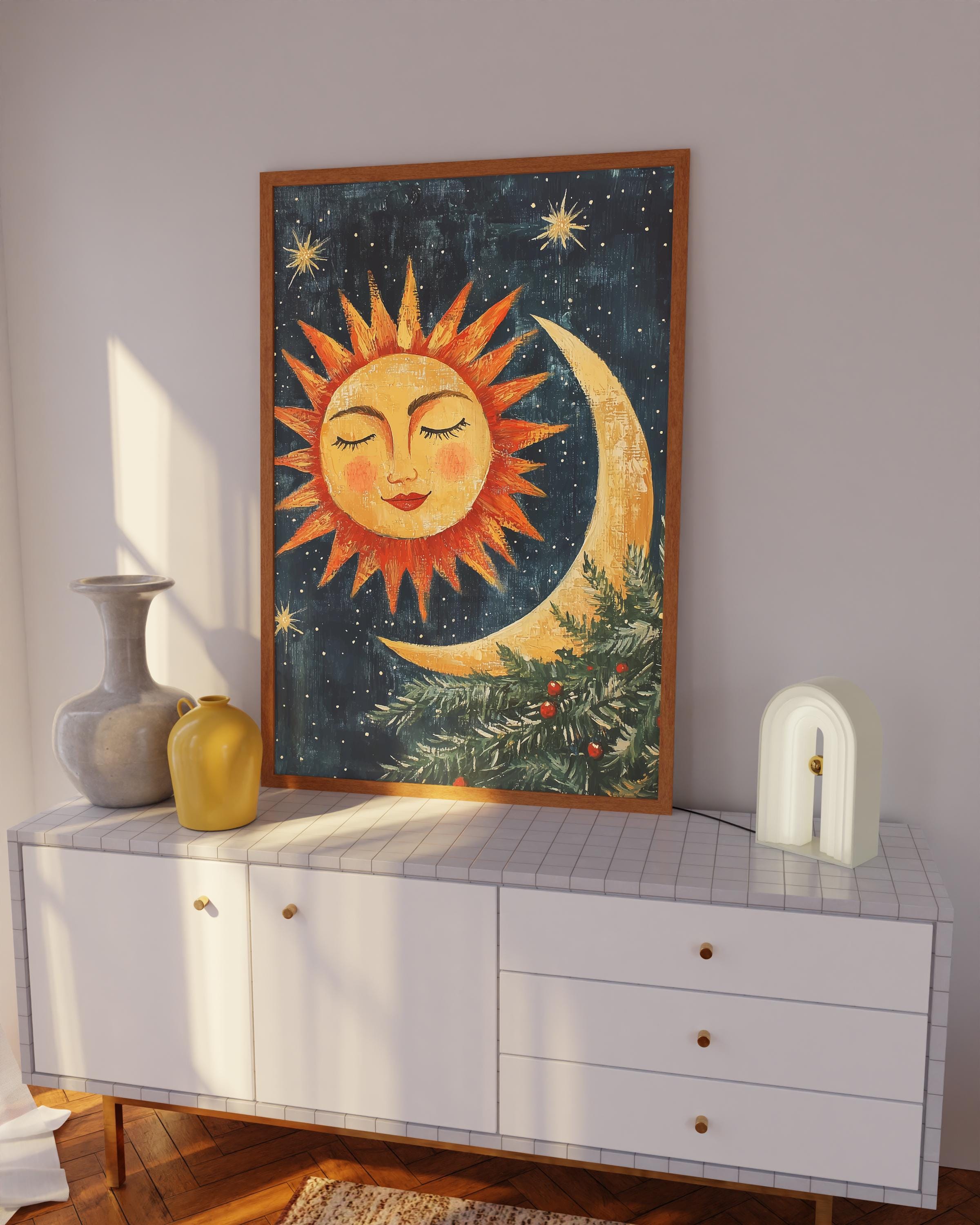 Vintage Sun and Moon Christmas Print: 70s Retro Holiday Wall Art - Etsy, image size:2400x3000