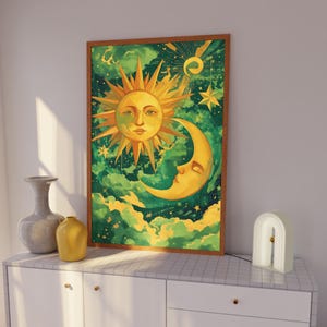 Green & Yellow Celestial Decor, Sun And Moon Wall Print, Aesthetic Room Decor, Bedroom Decor, Mystical Sun Moon Wall Art, Dorm Room Decor