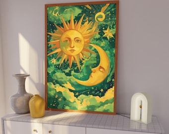May include: A framed print of a sun and moon with a green, yellow, and gold color scheme. The sun has a human face and the moon has a sleeping human face. The background is a green sky with clouds and stars.