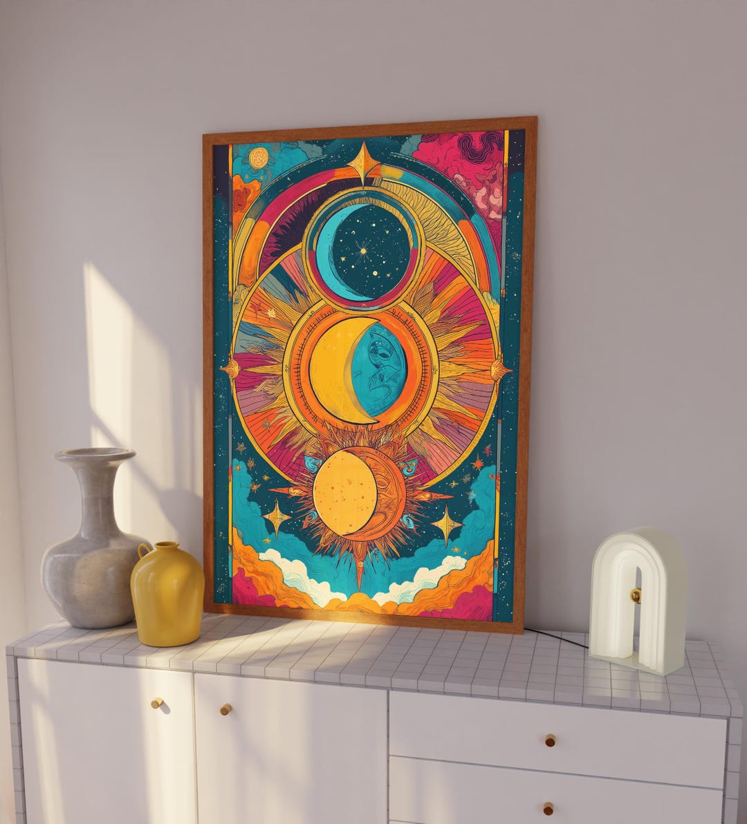 Celestial Moon Phases Art Print: Colorful Boho 70s Decor - Etsy