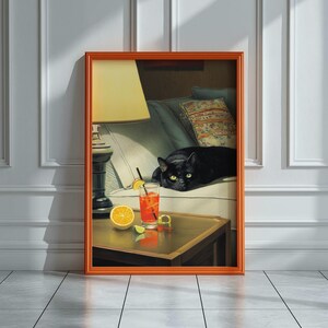 Póster de gato negro, póster de cóctel, decoración del hogar original y caprichosa, arte mural maximalista, estampado de gato divertido, decoración de apartamento adorable, regalo para amantes de los gatos