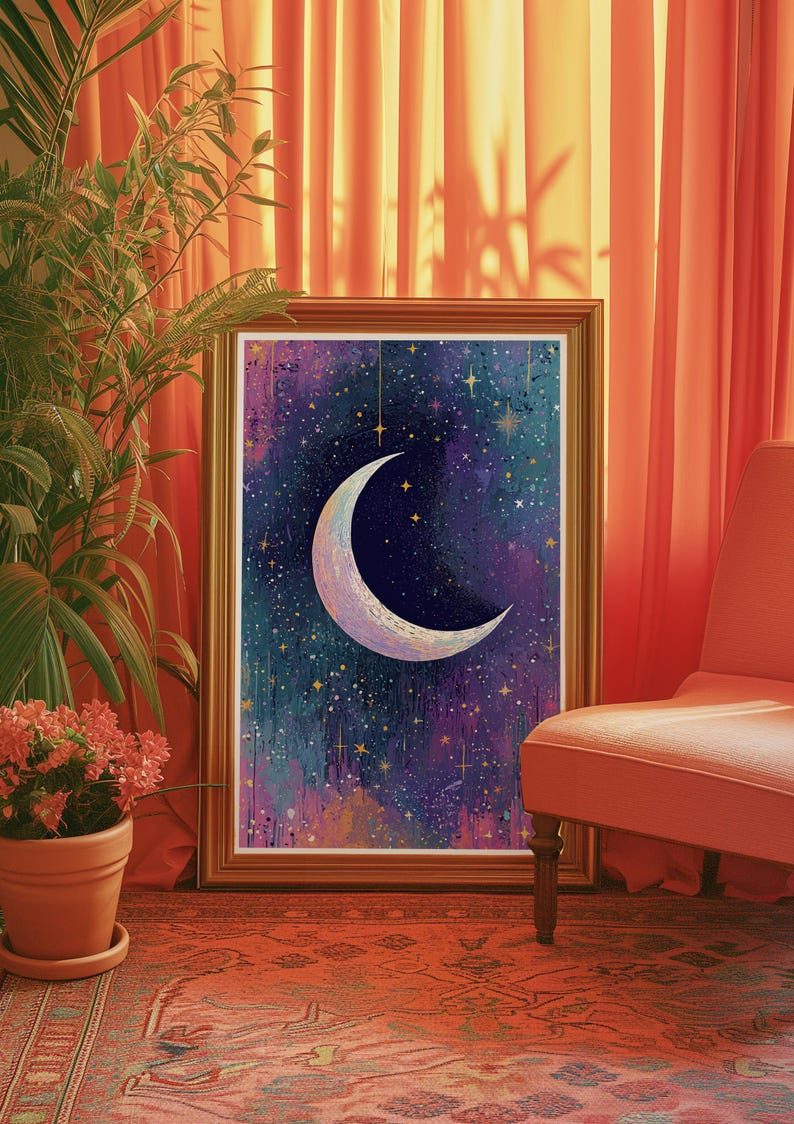 May include: A framed print of a crescent moon with a white and gold outline against a dark blue and purple starry sky. The background has a watercolour effect with gold glitter accents.