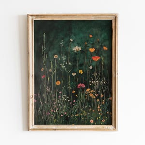 Wildflower Field Digital Art, Vintage Botanical Decor, Dark Green Floral Art, Cottagecore Aesthetic Flowers Art Apartment Printable Wall Art