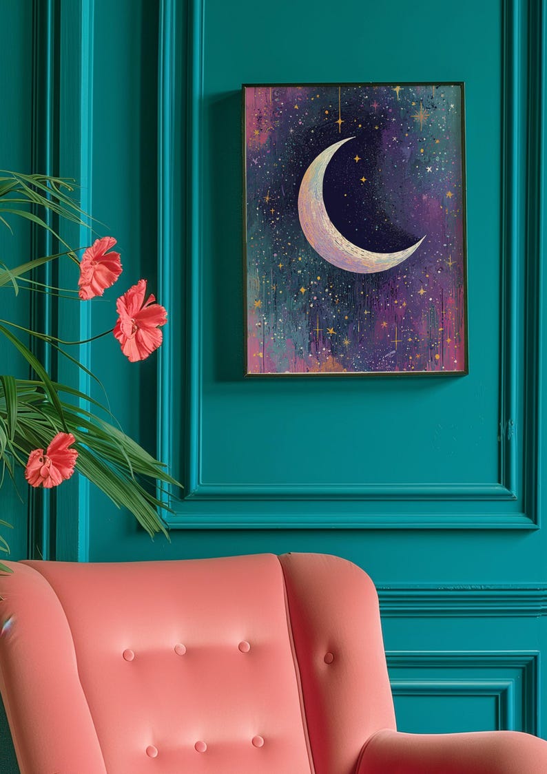 May include: A framed print of a crescent moon with gold stars on a purple and blue background. The print is hanging on a teal wall.