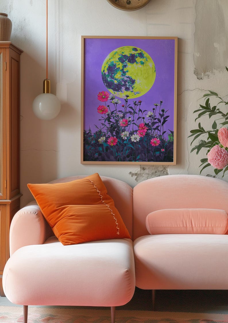 Retro Aesthetic Moon Poster, Colorful Unique Moon Print, Mystical Moon