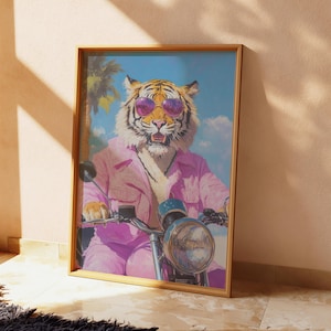 Preppy Pink Tiger On Motorcycle Wall Art Print, Maximalist Dopamine Decor, Trendy Aesthetic Poster, College Dorm Apartment, Gift For Her