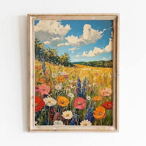 Wildflower Meadow Printable Wall Art Print, Colorful Floral Landscape Painting, Cottagecore Nature Living Room Decor, Instant Download Art