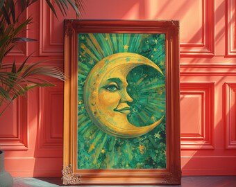May include: A framed artwork featuring a crescent moon with a face, rendered in shades of yellow and green. The artwork is set against a backdrop of radiating green lines and stars, within a decorative wooden frame. The artwork is leaning against a red wall.