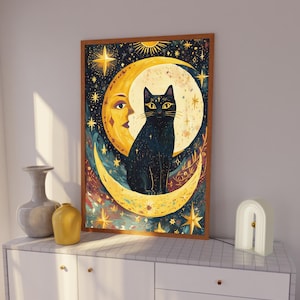 Himmlische schwarze Katze Mond Wand Kunst Druck, mystische Sternenhimmel Wanddekoration, Hexerei niedlich Dekor, spirituelle Kunst, niedliches Maximalist Katze Poster