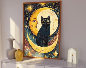 Celestial Black Cat Moon Art Print: Mystical Starry Night Decor