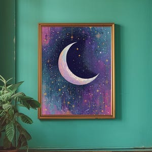May include: A framed painting depicting a crescent moon in a starry night sky. The moon is white with a pink glow and the sky is a deep purple with gold stars.