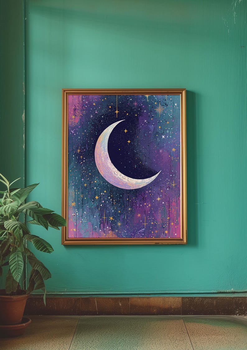 May include: A framed painting depicting a crescent moon in a starry night sky. The moon is white with a pink glow and the sky is a deep purple with gold stars.