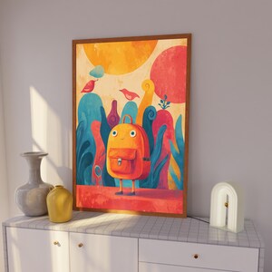 Fröhliche Rucksack-Charakter-Wandkunst, wunderliche Back to School Print, lustige Kunstdruck-Dekor für Kinderzimmer oder Klassenzimmer